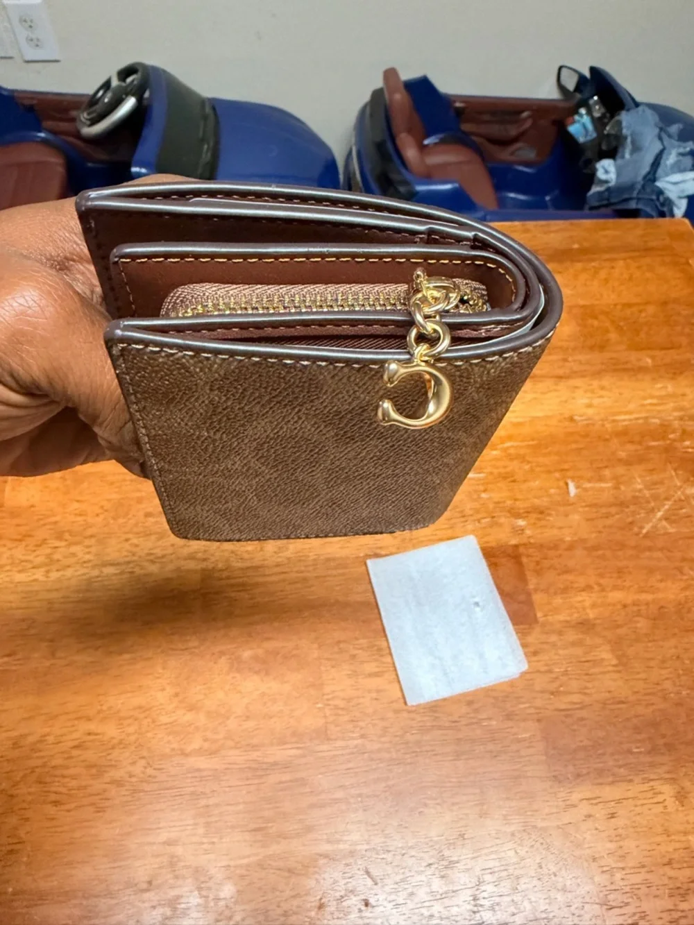 Coach Compact Signature Trifold Wallet in Brown and Tan - Picture 4 of 7